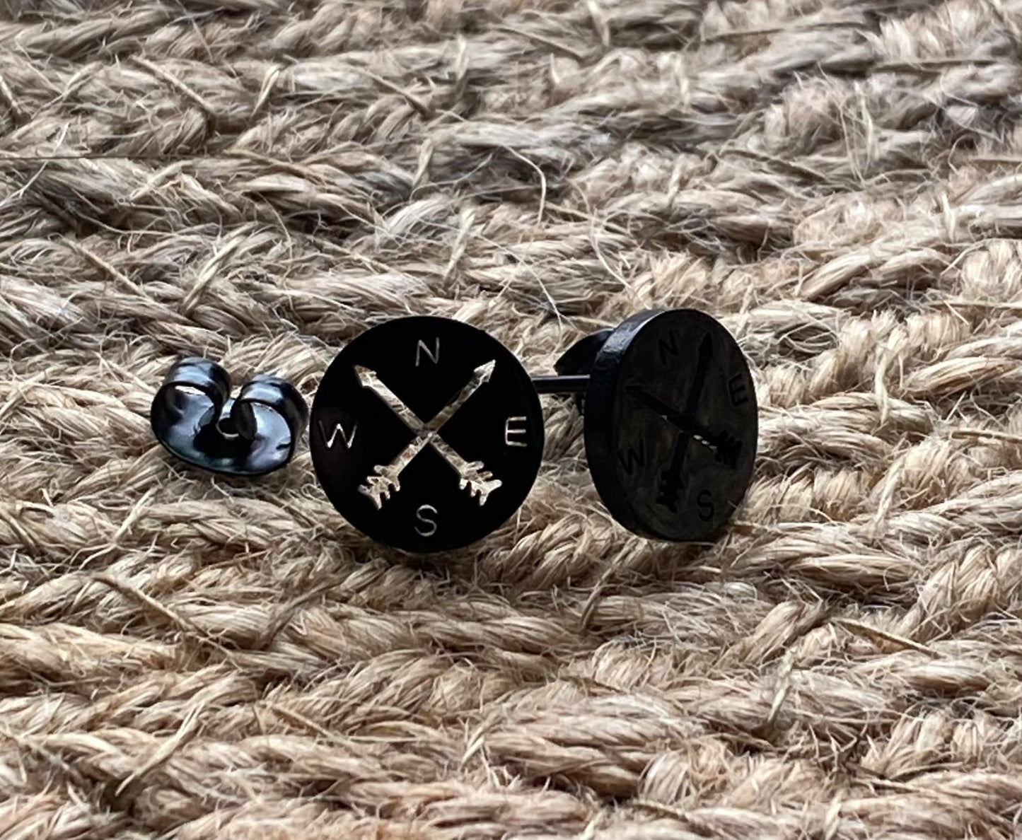 Compass Black Steel Stud Earrings